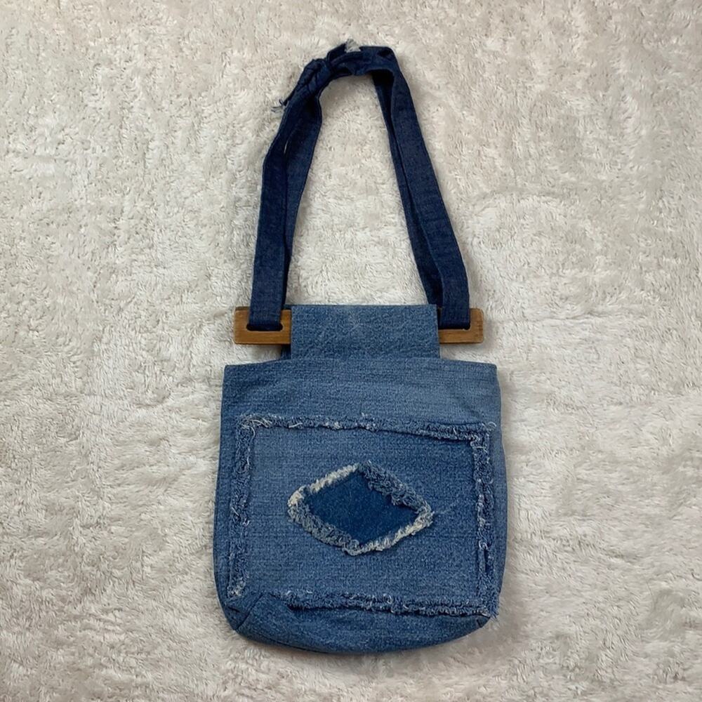 Handmade denim wood accent hand tote‎ bag